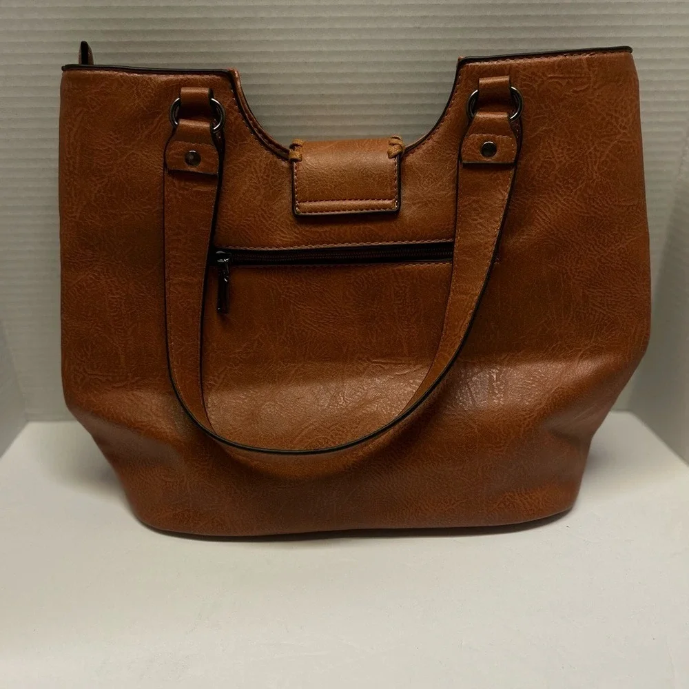 Sam & HadleyWestern Cognac Faux Leather Shoulder Bag Turquoise Whipstitch Tote